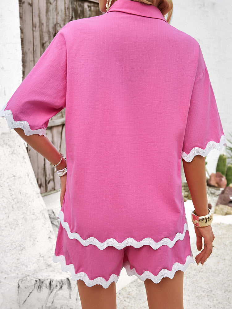 Casual vacation style solid color lace shirt and shorts suit