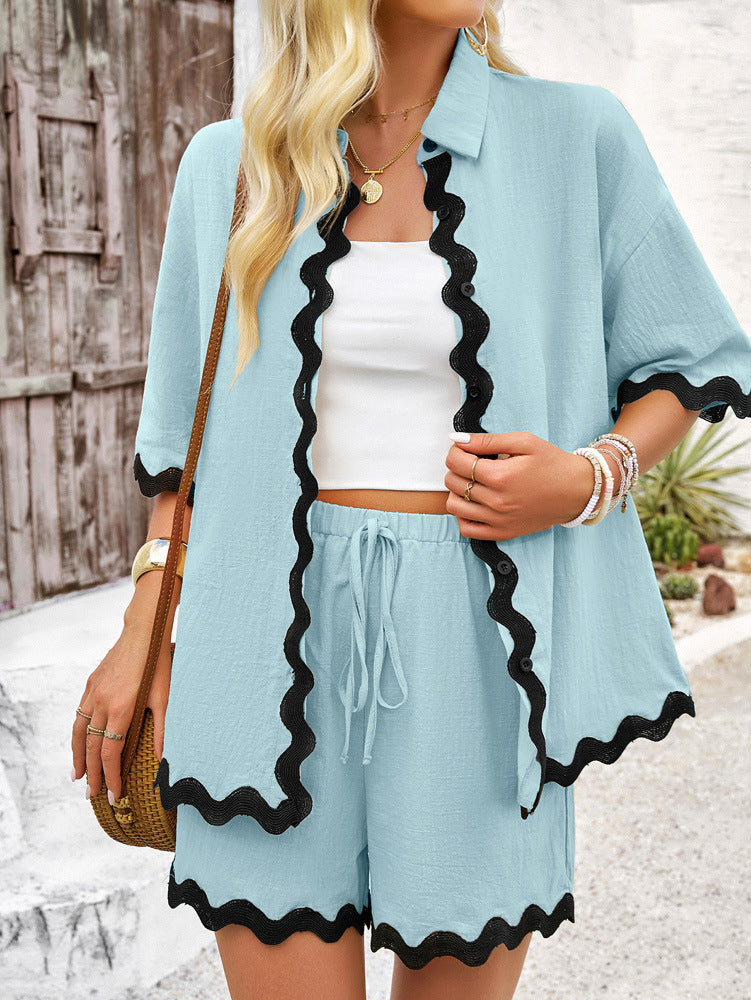 Casual vacation style solid color lace shirt and shorts suit