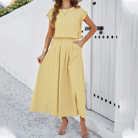 Spring/Summer temperament casual solid color sleeveless vest dress set